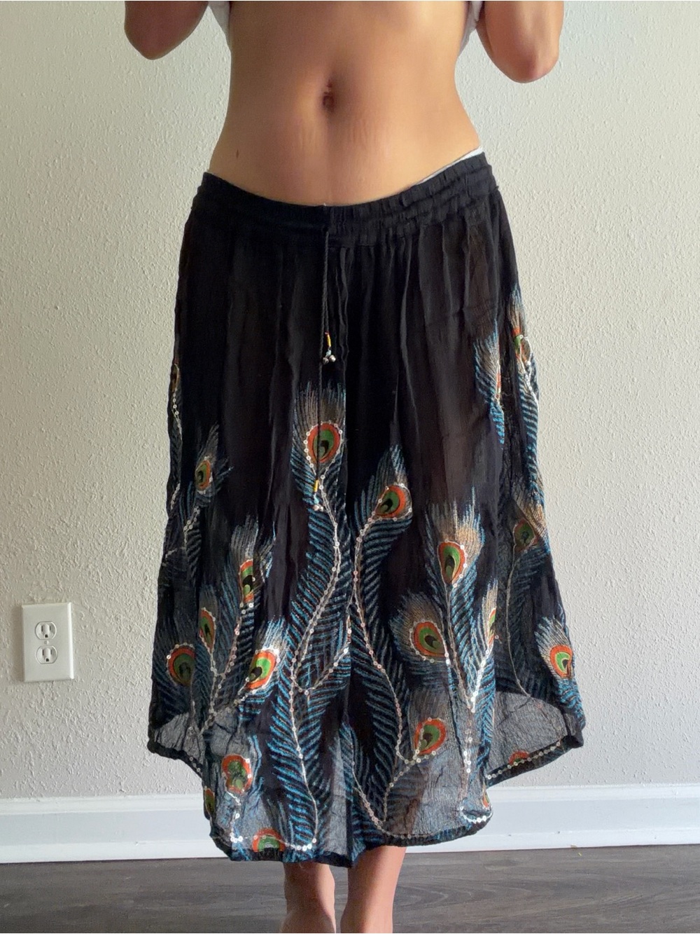 Boho Black Peacock Feather Midi Skirt